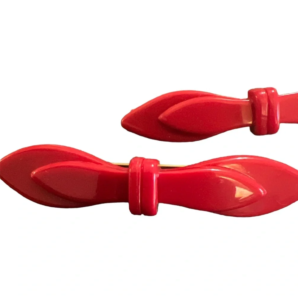 Vintage 1960’s Bright Cherry Red French Bow Barrettes, One Pair,‎ Deadstock